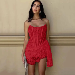 Valery Lace Mini Coquette Dress - Red