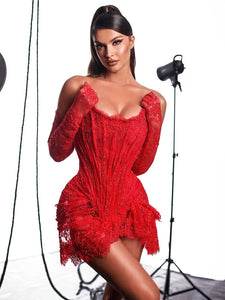 Valencia Lace Mini Dress with Gloves - Red & Black