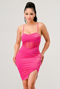 Camila Mesh Satin Dress - Hot Pink