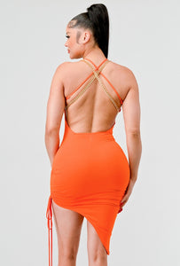 Jessie Gold Chain Asymmetric Mini Dress - Orange