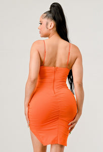 Kelly Lace up Mini Ruched Dress - Orange