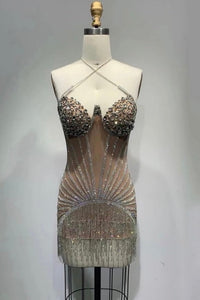 Ciara Rhinestone & Diamonds Mini Dress - Nude & Black