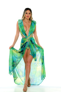 Jungle Tropical Maxi Dress Skirt & Bodysuit Set - Green