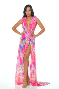 Jungle Tropical Maxi Dress Skirt/Bodysuit Set - Fuchsia