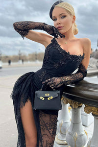 Valencia Lace Long Gown With Gloves - Black