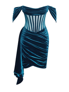 Irisa Teal Off Shoulder Corset Velvet Dress