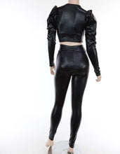 Xtina Black Faux Shinny Leather Puff Sleeve Top
