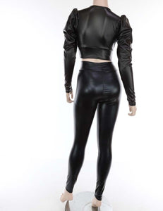 Xtina Black Faux Shinny Leather Puff Sleeve Top