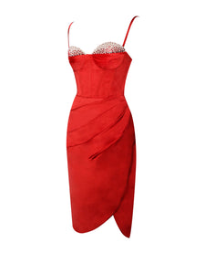 Nyla Red Satin Corset Dress With Crystals