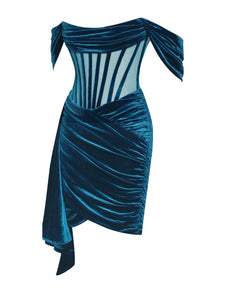 Irisa Teal Off Shoulder Corset Velvet Dress