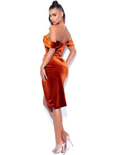 Omaria Tan Off Shoulder Velvet Corset Dress