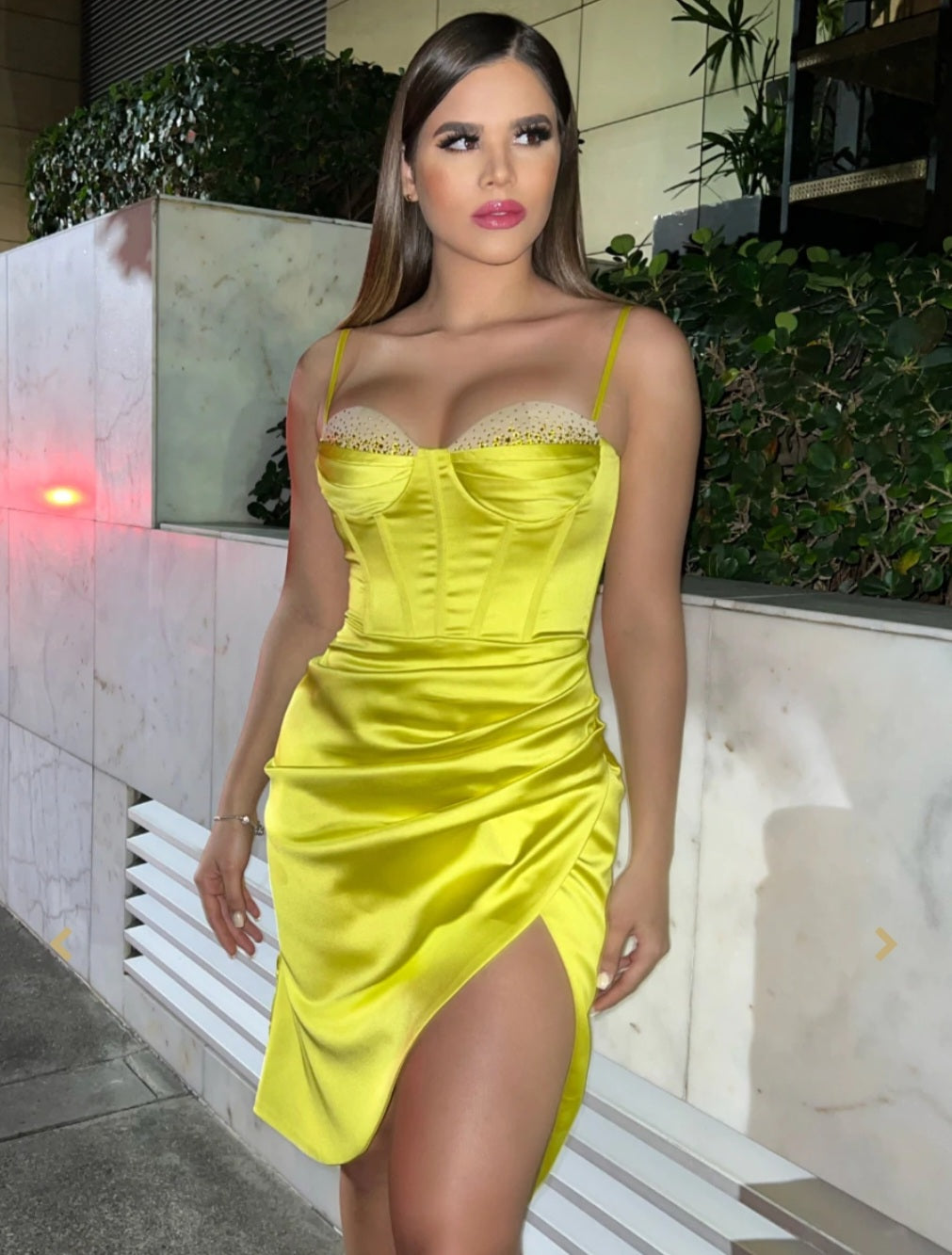Nyla Satin Corset Dress with Crystals - Lemon