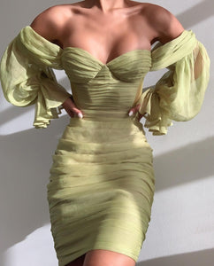 Sirene Silk Off Shoulder Midi Dress - Olive
