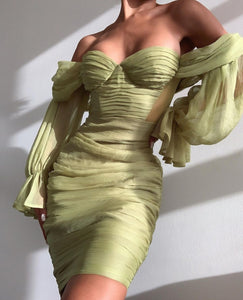 Sirene Silk Off Shoulder Midi Dress - Olive