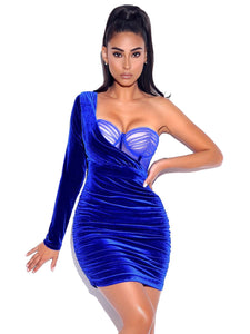 Elevated Blue Velvet One Sleeve Dress